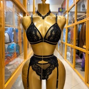 Black Floral Lace Lingerie Set with Garter Straps